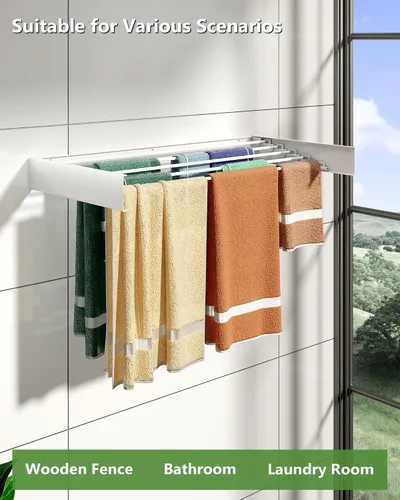 Vista 5 de Tendedero de pared de 31.5 pulgadas, 5 postes de aluminio, capacidad de carga de 60 libras, plegable, retráctil, ahorro de espacio