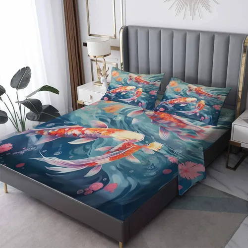 Vista 10 de Juego de sábanas de tamaño individual – Sábanas de cama de pez Koi japonés, sábanas y fundas de almohada, sábanas y fundas de almohada, microfibra