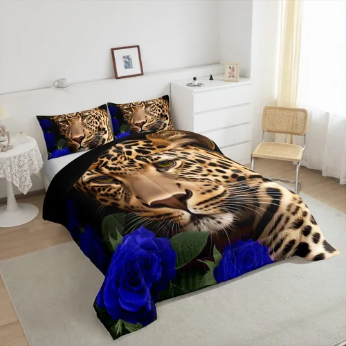 Vista 4 de Erosebridal Juego de ropa de cama de guepardo con rosa azul, juego de edredón con estampado de leopardo y gato, edredón romántico de plumón