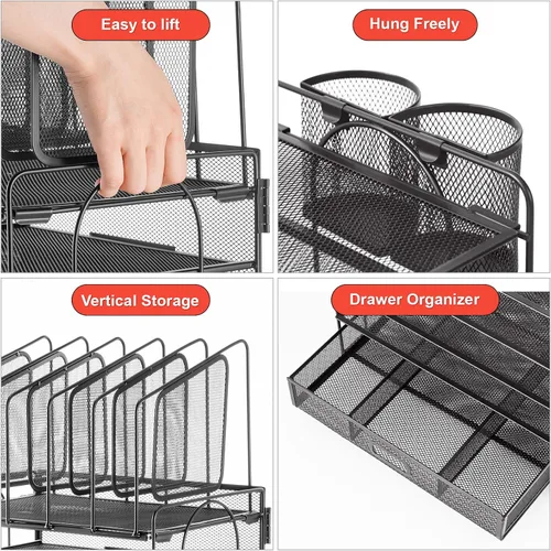 Vista 2 de Marbrasse Organizador de escritorio con cajón, organizador de archivos de malla de 4 niveles con 5 soportes verticales para archivos y 2 soportes