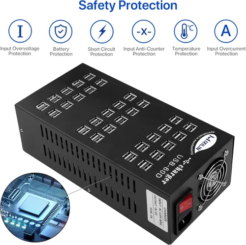 Vista 5 de Cinlinso - Estación de carga USB, 60 puertos 300 W/60 A, protección inteligente, estación de carga USB multipuerto para teléfonos inteligentes