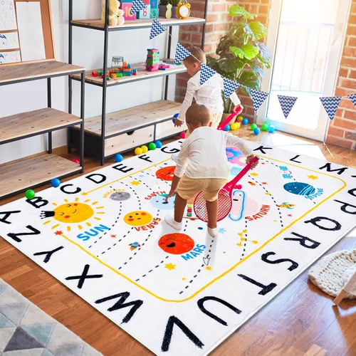 Vista 4 de ABC Space - Alfombra para niños, 3 pies 3 pulgadas x 4 pies 11 pulgadas, antideslizante, alfabeto, alfombra lavable, alfombra de felpa suave