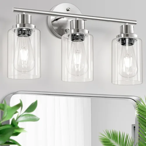 Vista 37 de Paquete de 2 luces de tocador de 1 luz, lámpara de baño de níquel cepillado con pantalla de vidrio blanco lechoso texturizado, accesorio