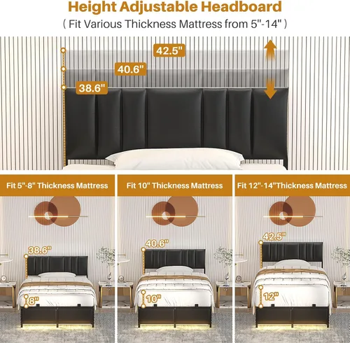 Vista 4 de Besiost Base de cama de tamaño individual con cabecera ajustable de 3 alturas, cama de plataforma tapizada de cuero con luz LED y estación de carga