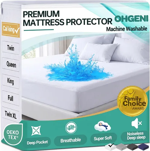 Vista 26 de OhGeni - Protector de colchón impermeable, tamaño Queen, con bolsillo profundo de 6 a 18 pulgadas, transpirable, sin ruido, suave, lavable, a prueba