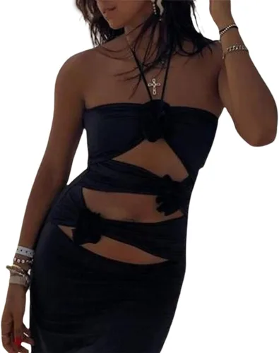 Vista 4 de Vestido halter de flores 3D para mujer, sin mangas, sin espalda, recortado, bodycon, vestido largo de tubo con roseta, floral, vestido de fiesta