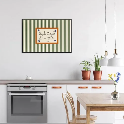 Vista 3 de Arte de pared moderno de mediados de siglo para guardería, impresión de paisaje retro a rayas con cita nocturna de amor, estilo vintage, póster