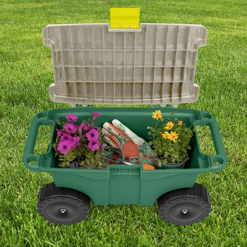 Vista 2 de Pure Garden - Carrito de jardín rodante con asiento, almacenamiento de plástico con banco y bandeja interior de herramientas, taburete de jardinería