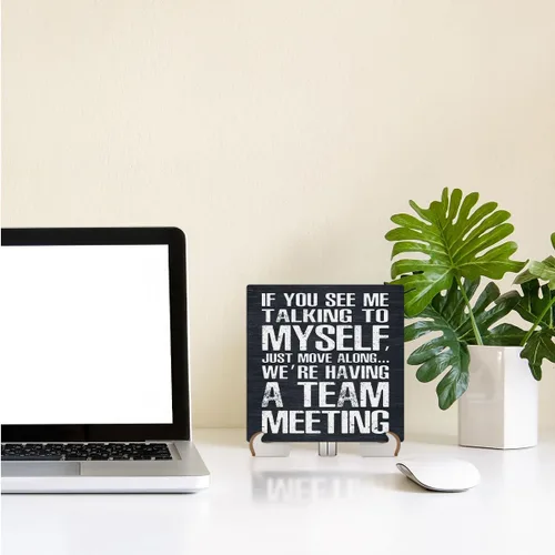 Vista 5 de Letrero de madera con texto en inglés "Team Meeting" para decoración de escritorio, divertido letrero de decoración de oficina, cubículo, placa