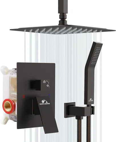 Vista 12 de SunCleanse juego de grifos con regadera tipo lluvia en oro cepillado, juego combinado para baño con cabezal de alta presión de 25.4 cm con válvulas