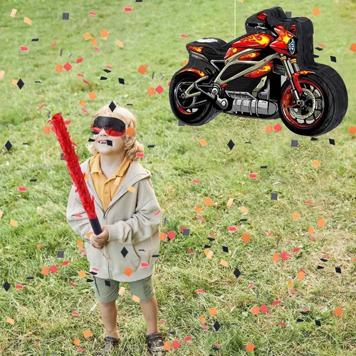 Vista 4 de Shappy Piñata de motocicleta 3D Dirt Bike Piñata con palo para los ojos vendados, decoración de cumpleaños de motocicleta roja, decoración de fiesta