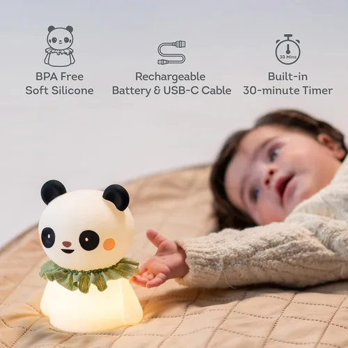 Vista 3 de Taf Toys Luz nocturna de silicona recargable para niños, panda y oso con brillo ajustable, luz de guardería para bebé, control de toque