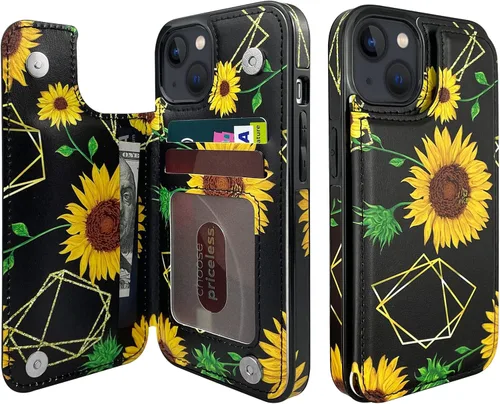 Vista 14 de Funda tipo cartera para iPhone 13 y 14 con soporte para tarjetas, funda trasera de piel sintética, con ranuras para tarjetas, doble cierre