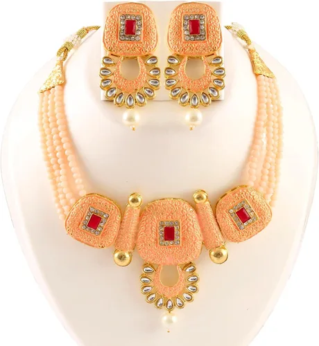 Vista 2 de JewarHaat Bollywood - Juego de collar con cuentas de cristal de ónix chapado en oro tono dorado con aretes joyería para mujeres y niñas hecho a mano