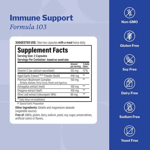 Vista 3 de Kyolic Fórmula 103 de extracto de ajo envejecido, apoyo inmunológico*, 100 cápsulas Bioavailable Blend with Mushroom Complex, Astragalus, Olive