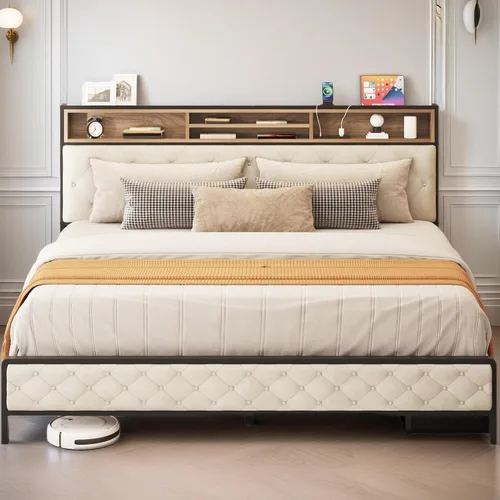 Vista 3 de YITAHOME Base de cama de plataforma tamaño Queen con cabecera de 45.2 pulgadas de alto, cabecera de almacenamiento tapizada con estación de carga