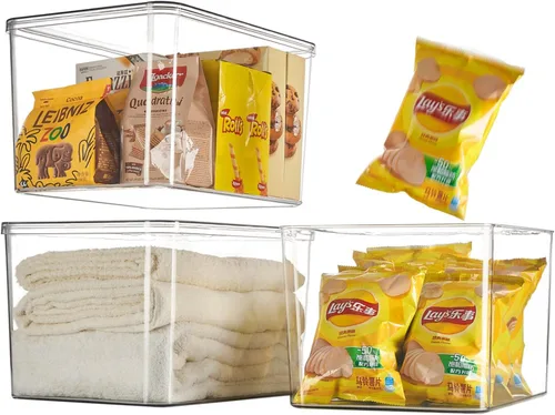 Vista 3 de Contenedores de almacenamiento de plástico transparente con tapas, contenedores de almacenamiento para aperitivos, cosméticos, libros, comida