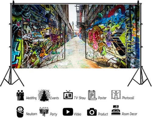 Vista 2 de YongFoto Telón de fondo de pared de graffiti urbano de 8 x 4 pies, puerta de hierro colorida, calle abandonada, escuela, fotografía, fondo, música