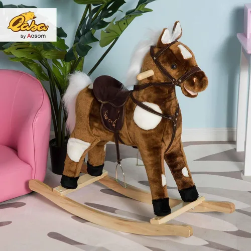 Vista 2 de Qaba Kids - Silla de montar con peluche de caballo mecedora de metal con música de canciones infantiles - Marrón oscuro Niños, felpa de metal