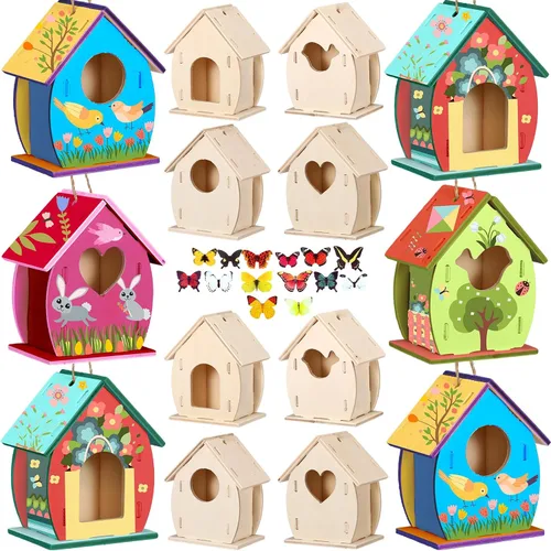 Vista 4 de Outus 12 kits de manualidades de madera para construir, casa de pájaros sin terminar de madera de 4 formas con calcomanía de mariposa