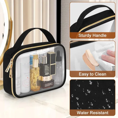 Vista 5 de Bolsa de aseo transparente Wedama, paquete de 2 bolsas de maquillaje transparentes con asas, bolsas cosméticas de PVC para mujeres y hombres, bolsas