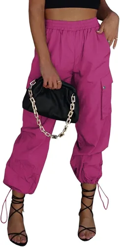 Vista 12 de Pantalones de paracaídas para mujer, cintura alta elástica, pantalones cargo Y2K holgados con 4 bolsillos