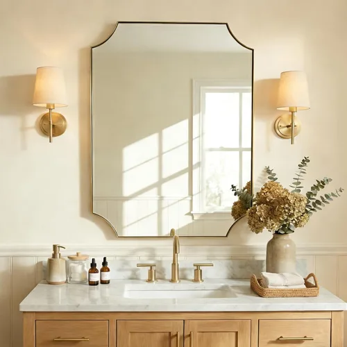 Vista 29 de ANDY STAR Espejo de baño de bronce cepillado, espejo festoneado de 24 x 36 pulgadas para baño, espejo rectangular de bronce antiguo con marco