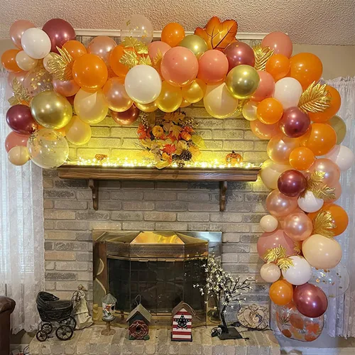 Vista 7 de Kit de arco de guirnalda de globos de Acción de Gracias de otoño, 138 unidades, globos de color naranja, rubor, borgoña, oro rosa, globos con hojas