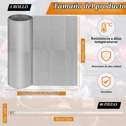 Vista 2 de Protector térmico de escape para automóvil, 15 x 93 pulgadas, material de protección térmica de aluminio en relieve con 20 bridas de metal