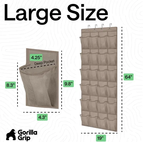 Vista 7 de Gorilla Grip - Zapatero para colgar en la puerta, 24 bolsillos de malla para sostener hasta 40 libras, organizador para parte trasera del armario