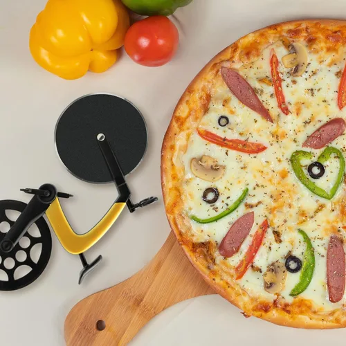 Vista 5 de Rueda cortadora de pizza para bicicleta con soporte, cuchillo de pizza de acero inoxidable de 2.4 pulgadas, superficie esmerilada antiadherente