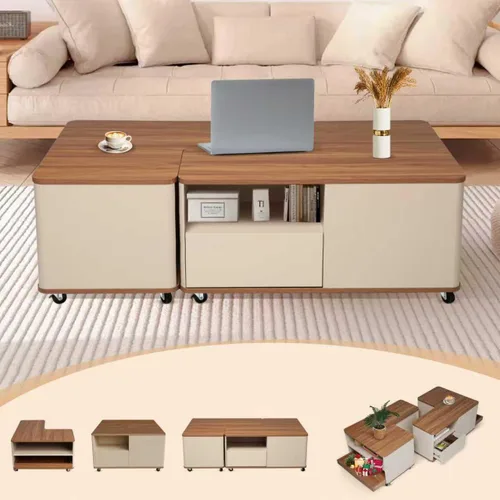 Vista 2 de Mesa de centro de granja con almacenamiento, mesa auxiliar rectangular de forma ajustable, mesa central con 8 ruedas y 2 cajones, mesa de centro