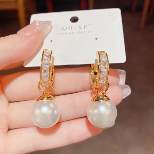 Vista 6 de 14K Gold Plated Pearl Drop Dangle Earrings Huggie Small Hoop Hypoallergenic Earrings for Women