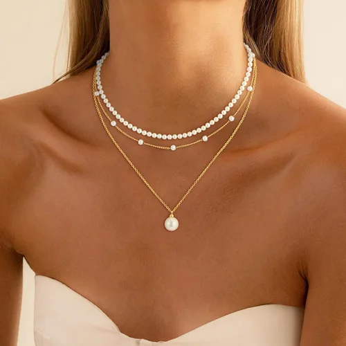Vista 3 de Collares de perlas para mujer, a la moda, chapado en oro de 18 quilates, collar de perlas en capas, collar y aretes de perlas delicadas, pulseras
