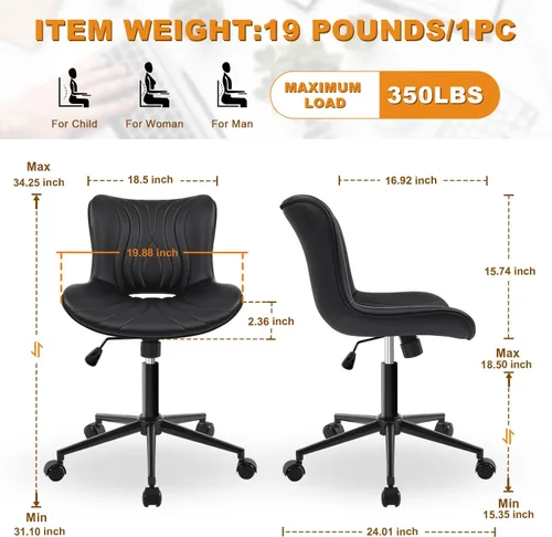 Vista 2 de Silla de oficina, silla de escritorio sin brazos con ruedas, ergonómicas y cómodas sillas de trabajo para computadora en casa, silla de tocador
