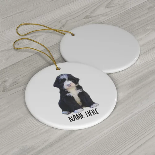Vista 3 de Funny Bernedoodle Choco - Adornos para árbol de Navidad 2025, color blanco