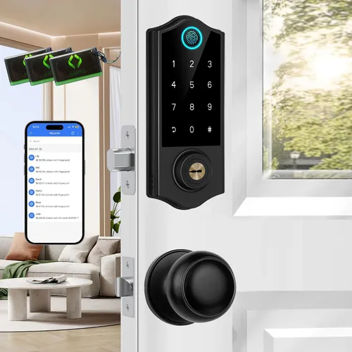 Vista 8 de Cerraduras inteligentes con huellas dactilares para puerta delantera con mango, control por aplicación, cerradura de puerta de entrada sin llave