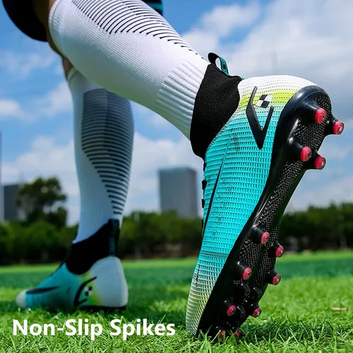 Vista 4 de HHY Botines de fútbol para hombre, zapatos de fútbol de caña alta, antideslizantes, para interiores y exteriores, césped firme, botas de combate