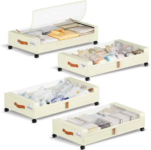 Vista 14 de Yecaye Almacenamiento Debajo de la Cama con Ruedas, 2 Paquetes de Cajas de Almacenamiento Debajo de la Cama con Tapas Transparentes y Etiqueta, 60L