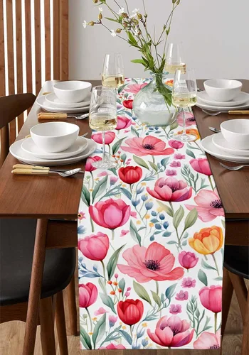 Vista 2 de Camino de mesa de primavera, decoración de mesa de tulipán de acuarela, decoración de mesa de temporada, hojas botánicas florales, bufandas