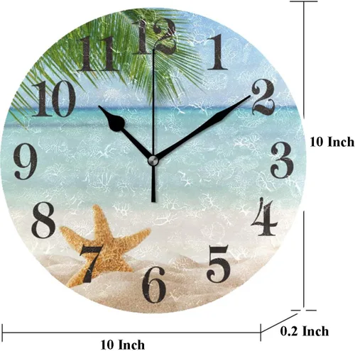 Vista 6 de WIHVE Reloj de pared redondo con diseño de estrellas de mar tropicales y hojas de palma, silencioso, sin tictac, 10 pulgadas, funciona