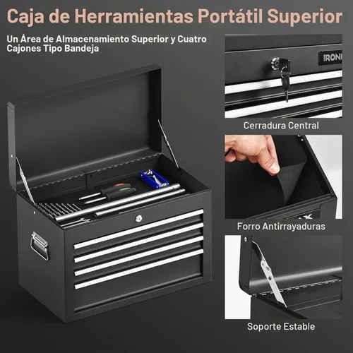Vista 7 de Nightcore Caja de herramientas con ruedas de 6 cajones, armario de herramientas 3 en 1 con ruedas y sistema de bloqueo con llave, caja de Negro