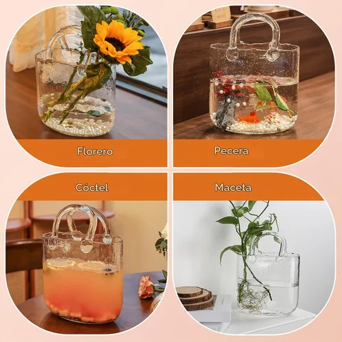 Vista 5 de Jarrón de cristal con asa – Jarrón de vidrio transparente hecho a mano de 10 pulgadas, centro de mesa multifuncional para flores, pecera