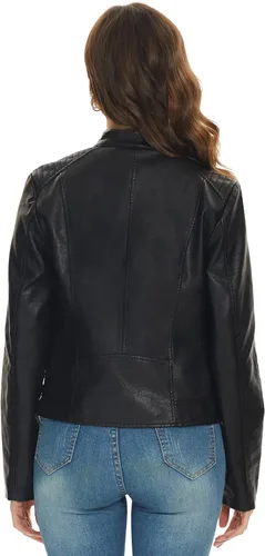 Vista 4 de Fahsyee Chaquetas negras de piel sintética para mujer, abrigo de motocicleta de PU para motociclista