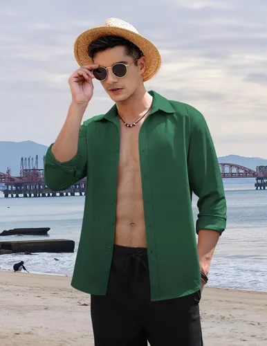 Vista 2 de COOFANDY Camisas casuales de lino de manga larga con botones para hombre