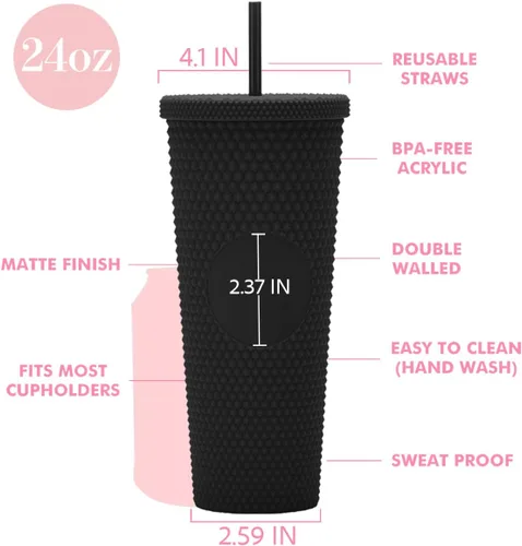 Vista 2 de Vaso Tachonado DIY de 24oz. Vaso Tachonado Negro Mate con Tapa y Pajita. Vaso de Viaje Reutilizable con Aislamiento de Doble Pared. Vaso de Plástico