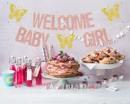 Vista 5 de Cartel de bienvenida para niña, decoración de fiesta de baby shower con temática de mariposa, letrero de "It's a Girl", suministros para fiesta
