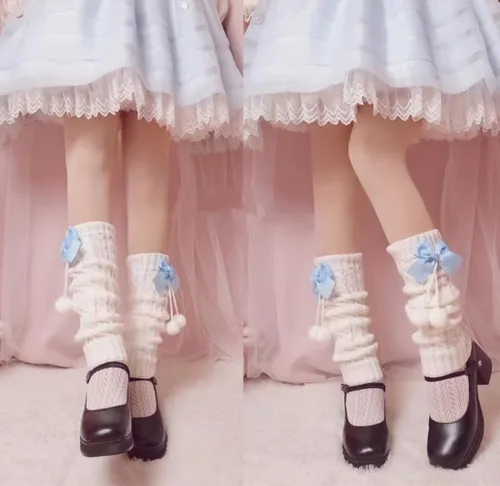Vista 2 de Brexiamin Calentadores largos de pierna Lolita para mujer, Harajuku de lana japonesa de punto trenzado, calentadores de piernas altas, calcetines