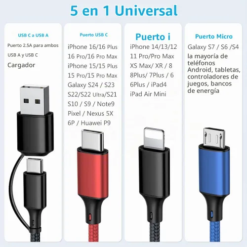 Vista 6 de Puxnoin Cable de carga múltiple 5 en 1, paquete de 2 unidades, cable de 4 pies, cargador múltiple USB C universal con conectores USB C/Micro USB