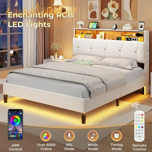 Vista 3 de ADORNEVE Base de cama de tamaño matrimonial con luces LED y cabecera